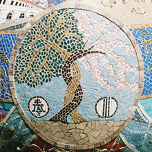 Cathy and Greg Maxwell sisters across the sea orange sculpture mosaic art for Sendai and Riverside
