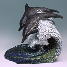 Michael Kruzich mosaic art sculpture of dolphins on a wave