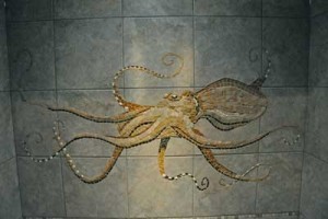 Finished octopus shower mosaic by Jason Hiller