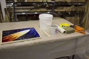 Workspace set up for grouting.
