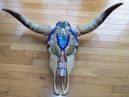 Mosaic bull skull by Sandi Love.