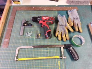 most of the tools needed to make an aluminum mosaic frame