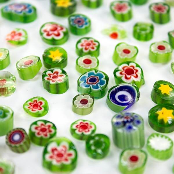 Green Rough Cut Millefiori with shards is cut to irregular thicknesses with some shards and slivers - an affordable product perfectly suited to glass fusing projects.