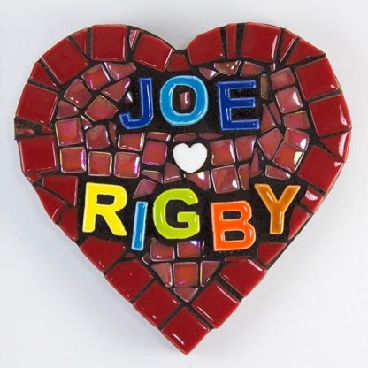 Heart coaster mosaic by Angela, using Morjo Recycled, Elementile, Ceramic Letter tiles and a single ceramic heart charm.