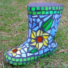 Carolan Fuhr mosaic art rainboot sculpture